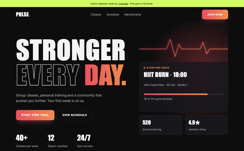 Screenshot of the Pulse Fitness gym website